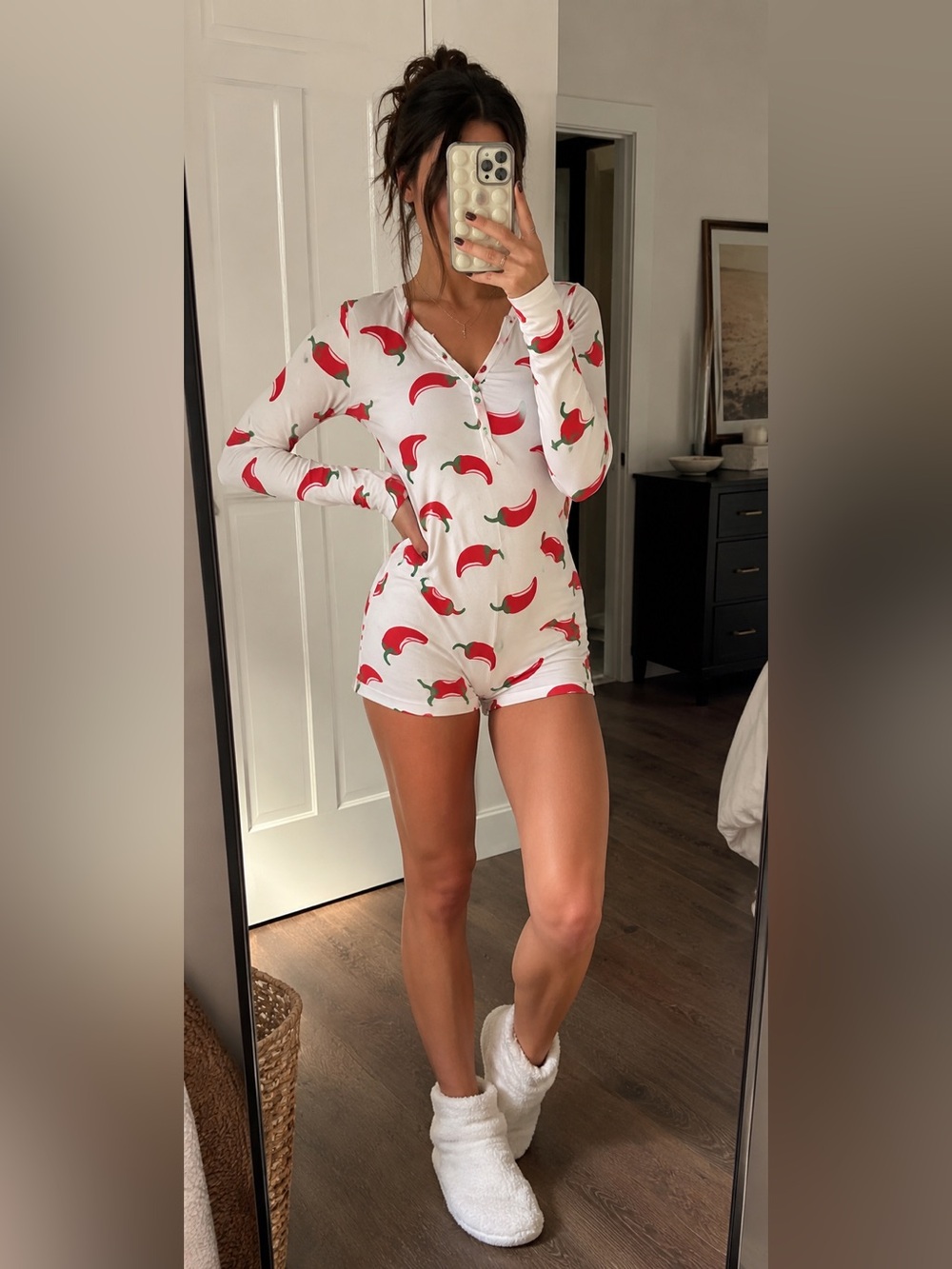 Chili Pepper Print Long Sleeve Zip Romper Bodysuit Pajama NWT